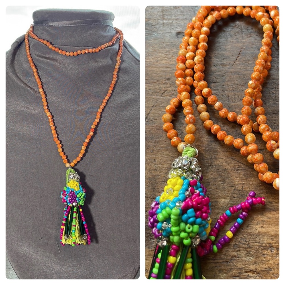 BEAD & TASSEL Vintage & New Longline Necklace, Green, Pink, Orange, Blue